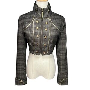 Y2K Cropped Plaid Military Band Jacket Gold Button DBL Breasted steampunk Sz L